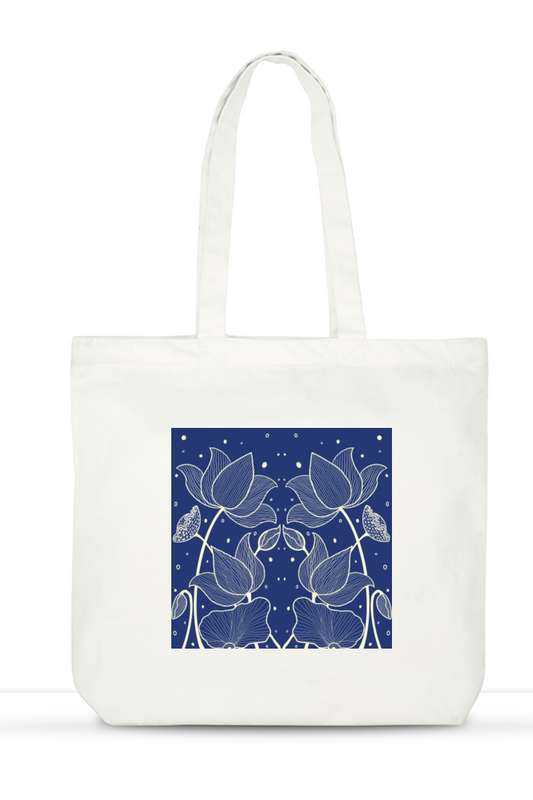 Blue Lotus Large Tote Bag with Zipper & Pockets